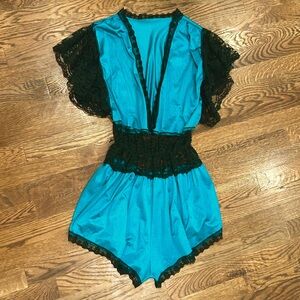 Vintage teal and Black Lace lingerie Romper
